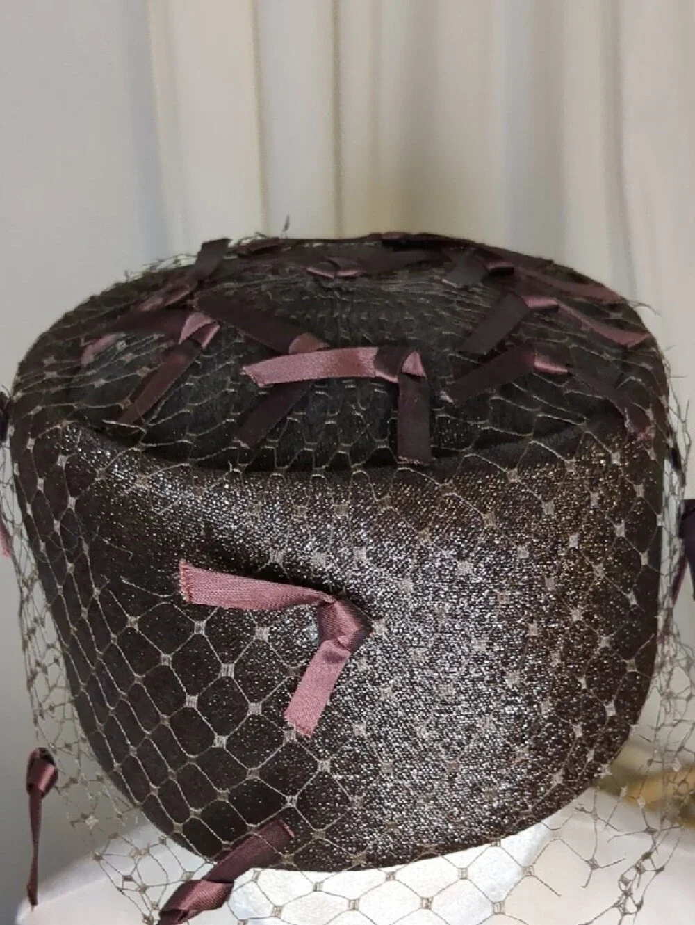 Vintage 50s Joseph Magnin Pillbox Hat Brown Netted W/ Bows Elegant Mid Century
